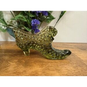 Vintage Fenton Green Glass Hobnail Boot Shoe Collectible‎ Decorative Glassware